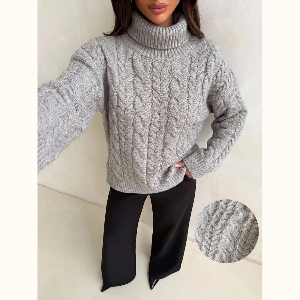 Taupe Gray Cable Knit Stand Turtleneck Collar Long Sleeve Sweater